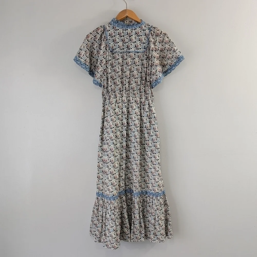 Othilia Dress Womens XS Blue Pink Floral Titania Flounced Maxi Cottage Peasant  - Picture 9 of 10